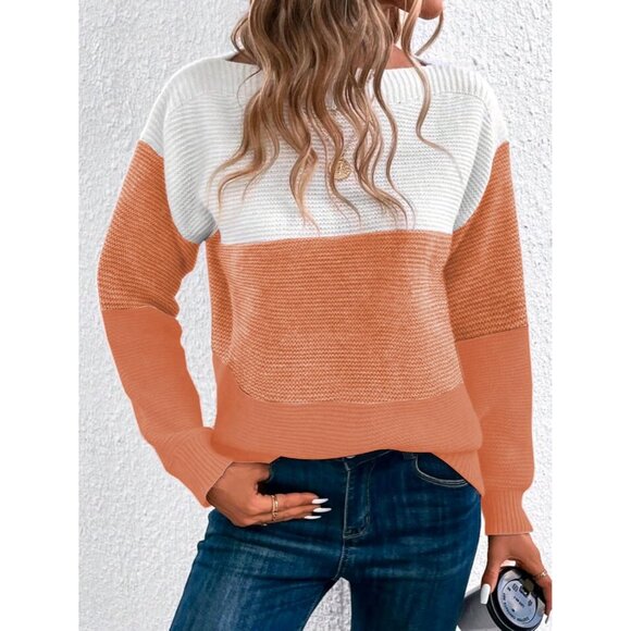 Women's Orange Long Sleeve Crew Neck Color Block Fall Fashion Pullover Sweaters - Picture 4 of 5